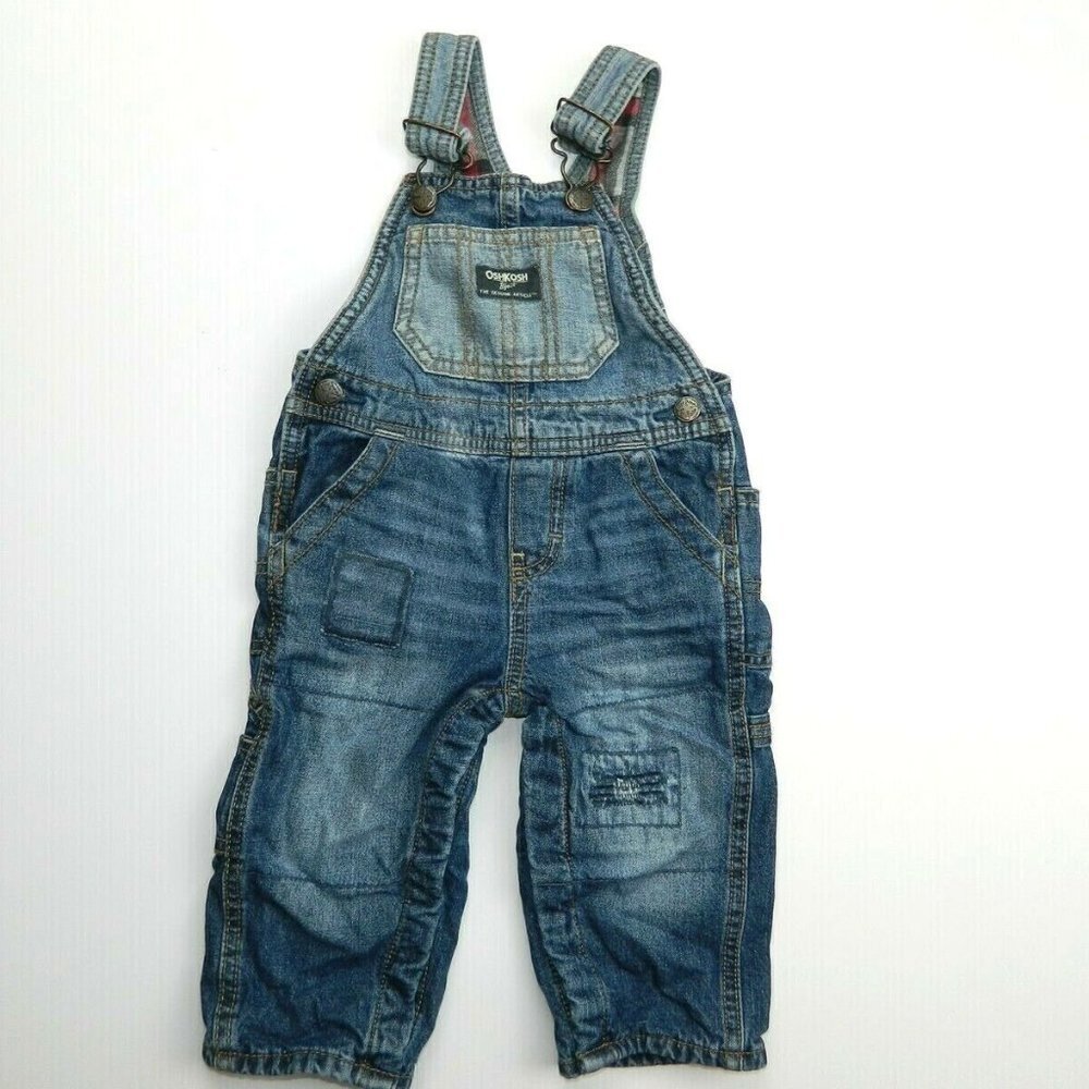 Oshkosh B'gosh Denim Plaid Jersey lined Overalls Baby Boy 12M 12 Months
